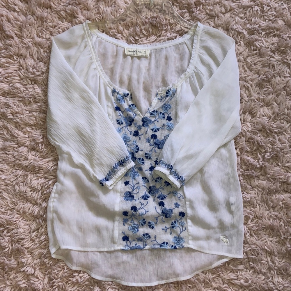 Abercrombie and Fitch sheer white blouse with stitched floral details